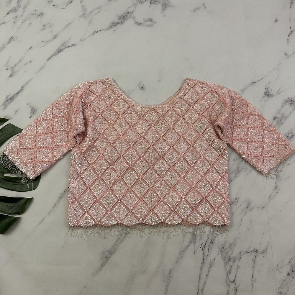 Meredith Womens Vintage 70s Sequin Beaded Crop Top Size 38 L Light Pink Fringe